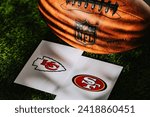 Small photo of LAS VEGAS, NEVADA, USA, JANUARY 29, 2024: Super Bowl LVIII, the 58th Super Bowl, Kansas City Chiefs vs. The San Francisco 49ers at Allegiant Stadium. NFL finals, Vince Lombardi Trophy Silhouette