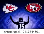 Small photo of LAS VEGAS, NEVADA, USA, JANUARY 29, 2024: Patrick Mahomes silhouette Super Bowl LVIII, the 58th Super Bowl, Kansas City Chiefs vs. The San Francisco 49ers at Allegiant Stadium. NFL finals