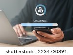 Small photo of Businessman working and installing update process. Software updates or operating system upgrades to keep your device up to date with enhanced functionality in new versions and improved security.