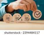 Small photo of businessman hand putting wooden cube with approved document icons for business process workflow illustrating management approval and and project approve concept.