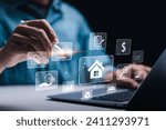 Small photo of Real estate investment concept. Man use laptop with house icon for analyzing mortgage loan home and insurance real property mortgage. interest rate, Investment planning, business real estate.