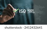 Small photo of ISO 9001 Standard certification standardisation quality control concept, businessman choose ISO 9001 icons for certified and quality management of organizations.