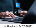 Small photo of Affiliate marketing. Person use laptop with virtual screen of affiliate marketing icons for new business concept. Marketing strategies to advertise products and services.