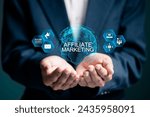 Small photo of Affiliate marketing. Marketing strategies to advertise products and services. Businessman holding globe with affiliate marketing icons on virtual screen for new business concept.