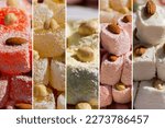 Small photo of Collage of colorful rahat lukum with nuts in coconut flakes. Turkish delight