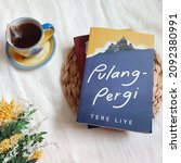 Small photo of central sulawesi, Indonesia - Des, 17,2021 : selective focus on a cup of tea and a novel by a famous Indonesian novelist, Tere Liye with a brightmood photography.