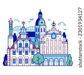 Riga cityscape with cathedral, merchant Black Head house at town hall square, Freedom monument and Baltic sea. Europe medieval Old town skyline. Latvia capital in line art design.