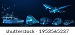 Third party logistics, 3pl, transport, cargo export, import. Integrated warehousing and transportation operation service. Air, road, maritime delivery. Digital polygonal low poly 3d mesh illustration