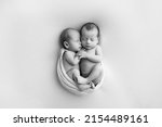 Small photo of Tiny newborn twins boys in white cocoons on a white background. A newborn twin sleeps next to his brother. Newborn two twins boys hugging each other.Professional black and white studio photography.