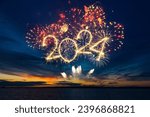 Happy New Year 2024. Beautiful creative holiday web banner or flyer with red fireworks and Golden sparkling number 2024 on blue sky over water