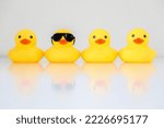 Four yellow rubber ducks in a row, one standing out wearing black sunglasses, with reflection, organisation concept, get one’s ducks in a row. White background.