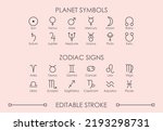 Set of Astrological symbols and Zodiac signs vector thin line icons with editable stroke. Planet symbols: Sun, Venus, Mars, Mercury,  Moon, Jupiter, Saturn, Neptune,  Uranus, Pluto, Rahu, Ketu.