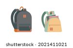 Set of fashionable school backpacks with clasps. An open backpack with books and notebooks. Backpacks for teenagers. Flat cartoon vector illustration.