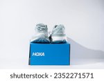 Small photo of Strasbourg, France - August 2023 : Hoka Bondi 8 new green running shoes set on top of the blue shoe box. Stylish monochrome shoes for active people that incorporate new health technology