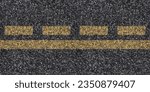 Small photo of Seamless asphalt texture with dual yellow unbroken and interrupted lines at the center for lane division and controlled overtaking, grunge tarmac surface with double stripes, road maintenance concept