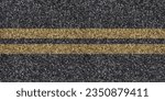 Small photo of Seamless asphalt texture with unbroken double yellow line at the center indicating ongoing work, grunge tarmac surface with continuous double yellow stripe, road maintenance concept, top view