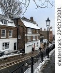 Small photo of London, UK - 12.12.2022. Holly Hill street view, Hampstead. Winter in London, snow, snowing. Hampstead is an affluent residential area favoured by academics, artists and media figures. Old lantern
