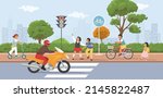 Children at pedestrian crosswalk vector illustration. Kid safety and street traffic rules. Schoolgirl and schoolboy on sidewalk, looking at red traffic light before crossing highway