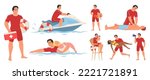Beach lifeguard character flat vector illustration. Water rescue duty. Rescuer man at work swimming on boat, saving woman and male person life, holding first aid kit or buoy scene