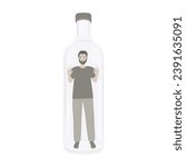 Addiction to alcohol and depression concept. Unhappy man  trapped in a bottle. Sad drunk male person, exhausted alcoholic guy. Social issue, abuse, addiction. Vector Illustration
