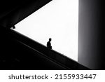 Business man in silhouette going down escalator. Black and white photography concept