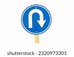 Small photo of U turn sign blue for motorbike, car side street. Rules for road users. It's traffic sign. Isolated on white background. In nature daylight. Bold white symbol arrow indicating maneuver.
