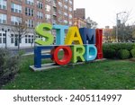 Small photo of A colorful and big statue of letters, STAM FORD! is seen near the University of Connecticut campus in Stamford, Connecticut, USA, on November 7, 2023. Stamford is a city in Fairfield County, CT.