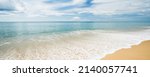 Small photo of Panorama white sand popular beach waves texture lapping across untouched shore Hawaii. Landscape clear sea blue sky island. copy space 2022.