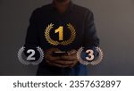 Small photo of Podium for first, second, third place with laurel, number and text. Gold, silver and bronze ranks on stage on red curtain background. Championship in sport or movie vector illustration.