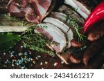 Small photo of sausage board, Polish sausage, smoked ham, board with cold cuts, board of cold cuts, Polish sausage, ham, Polish cold cuts, traditional, Polish sausage, cold cuts