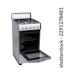 Small photo of Gas stainless steel stove with 4 stove burners and oven door open