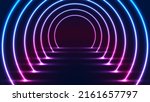 Abstract glowing neon lighting rounded tunnel walkway technology futuristic retro style. Vector illustration