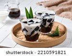 Small photo of Summer drink Es Cincau Hitam, made from black grass jelly with coconut milk and palm sugar. Has a refreshing taste and can relieve internal heat.