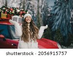 Beautiful young woman wearing knitted sweater and woolen hat standing near red car with Christmas tree on the top under snowfall. Happy winter holidays.