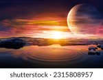 Sunset view from the surface of an alien world, alien landscape reflection over a lake, space background for pc, desktop planet wallpaper, fantasy landscape 3d illustration for video projects