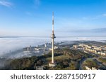 Aerial beautiful spring morning fog view of Vilnius TV Tower Lithuania