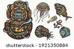 scuba diver helmet  jellyfish.... | Shutterstock .eps vector #1921350884