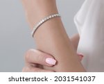 Diamond jewelry. Diamond bracelet on woman 