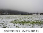 The foggy winter landscape near Ossiacher See Lake in Carinthia, Austria. Located in the southern Nock Mountain range of the Gurktal Alps near Villach
