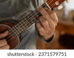 Small photo of Detail of unrecognizable man's hand playing a chord on the ukulele