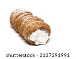Close up of one foam roll traditional sweet dessert from Austria made of puff pastry with sugar whipped cream filling on white background