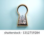 Blue wall with golden keyhole window and city view. Access and success concept. 3D Rendering 