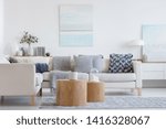 Two wooden coffee tables with plant in pot in front of grey corner sofa in fashionable living room interior