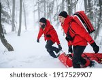 Mountain rescue service provide operation outdoors in winter in forest, pulling injured person in stretcher.