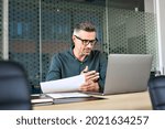 Mature business man executive coach talking using laptop computer having video conference call virtual meeting, professional training negotiation remote working doing online presentation in office.