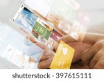 business, technology, mass media and people concept - close up of male hand holding transparent smartphone with internet news web page on screen