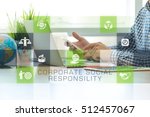 Businessman working in office and Corporate Social Responsibility icons concept