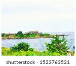 Digital Watercolor paining of President Bush family house in Kennebunkport Maine, by the sea with beautiful green trees and shrubs. With space for text.