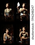 Small photo of Collage, set of beautiful korean in night. Fine hangup dress, charred paper, black background.