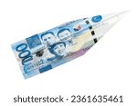 Small photo of Money plane. Cash Philippine peso banknote folded into airplane isolated. Express PHP currency transfer or bank payment. Travel cost in Philippines.